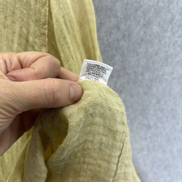 FLAX Medium Linen Long Shirt Dress Button Front Green Yellow Kaftan Oversized - Picture 11 of 13